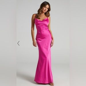 Showpo LUNARIA DRESS - COWL MERMAID SLIP DRESS IN HOT PINK SATIN